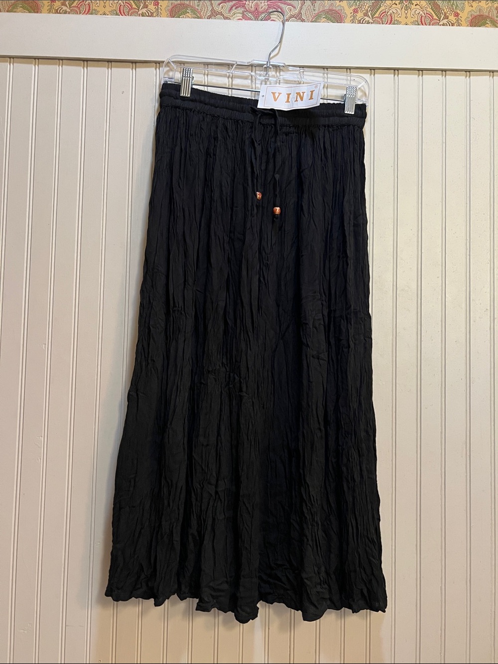 VINI Black Crinkle Maxi Skirt with Drawstring Waist